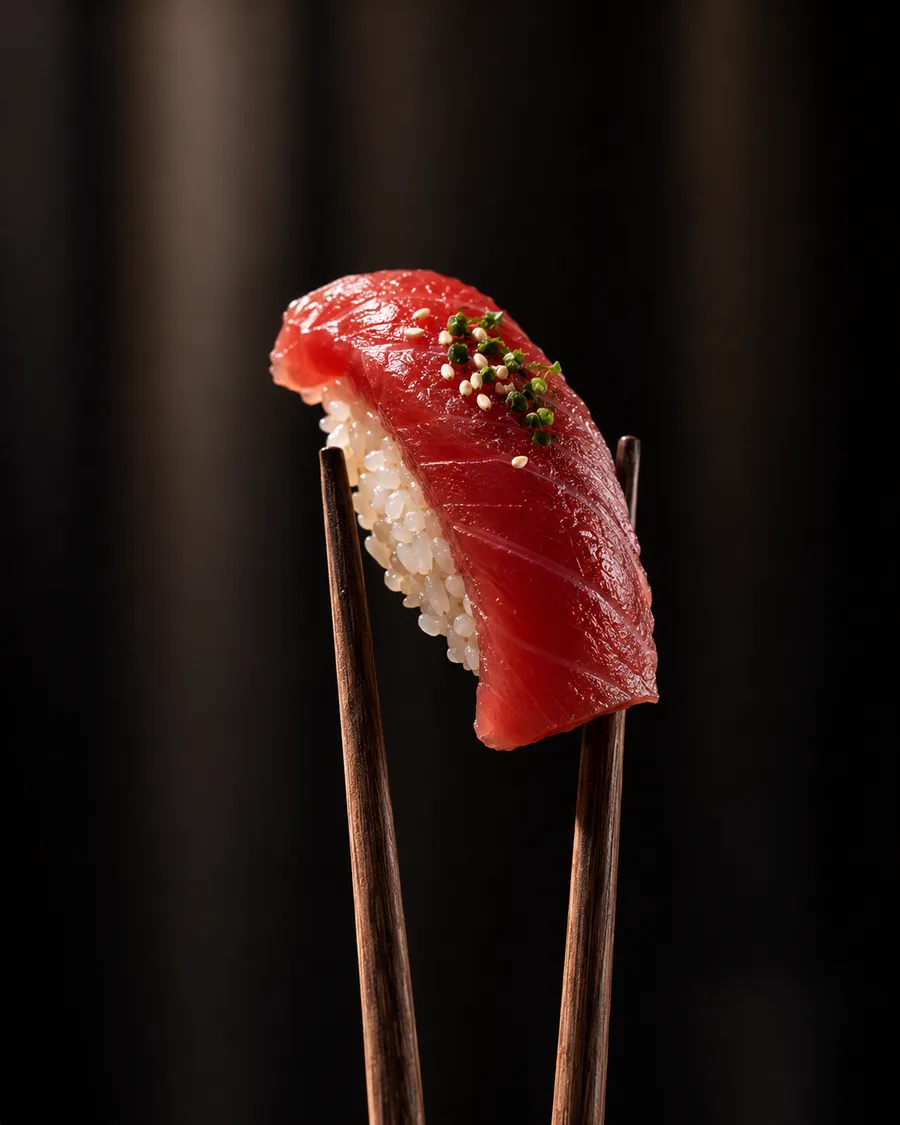 Nigiri di tonno tenuto con le bacchette