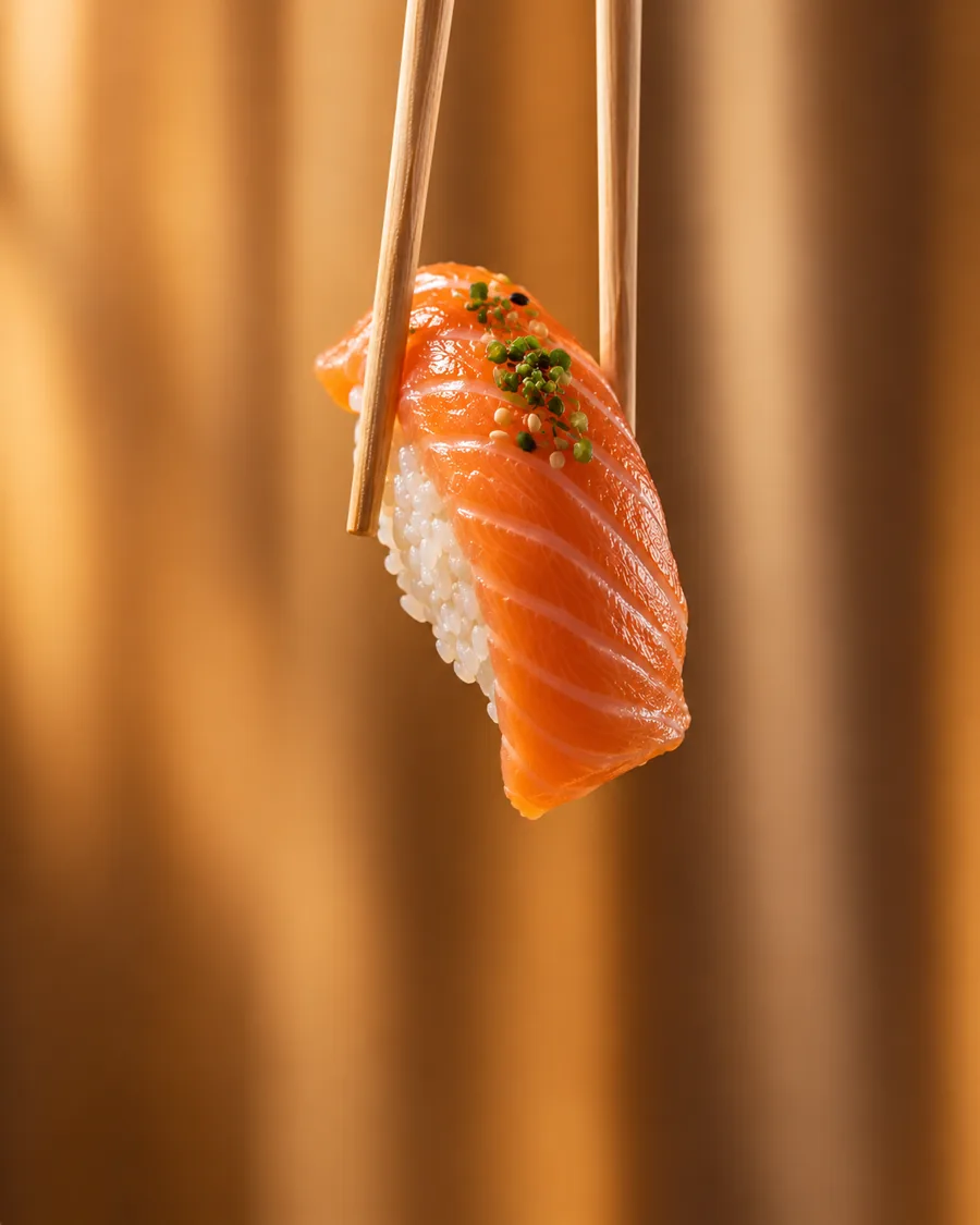 Nigiri al salmone tenuto con le bacchette